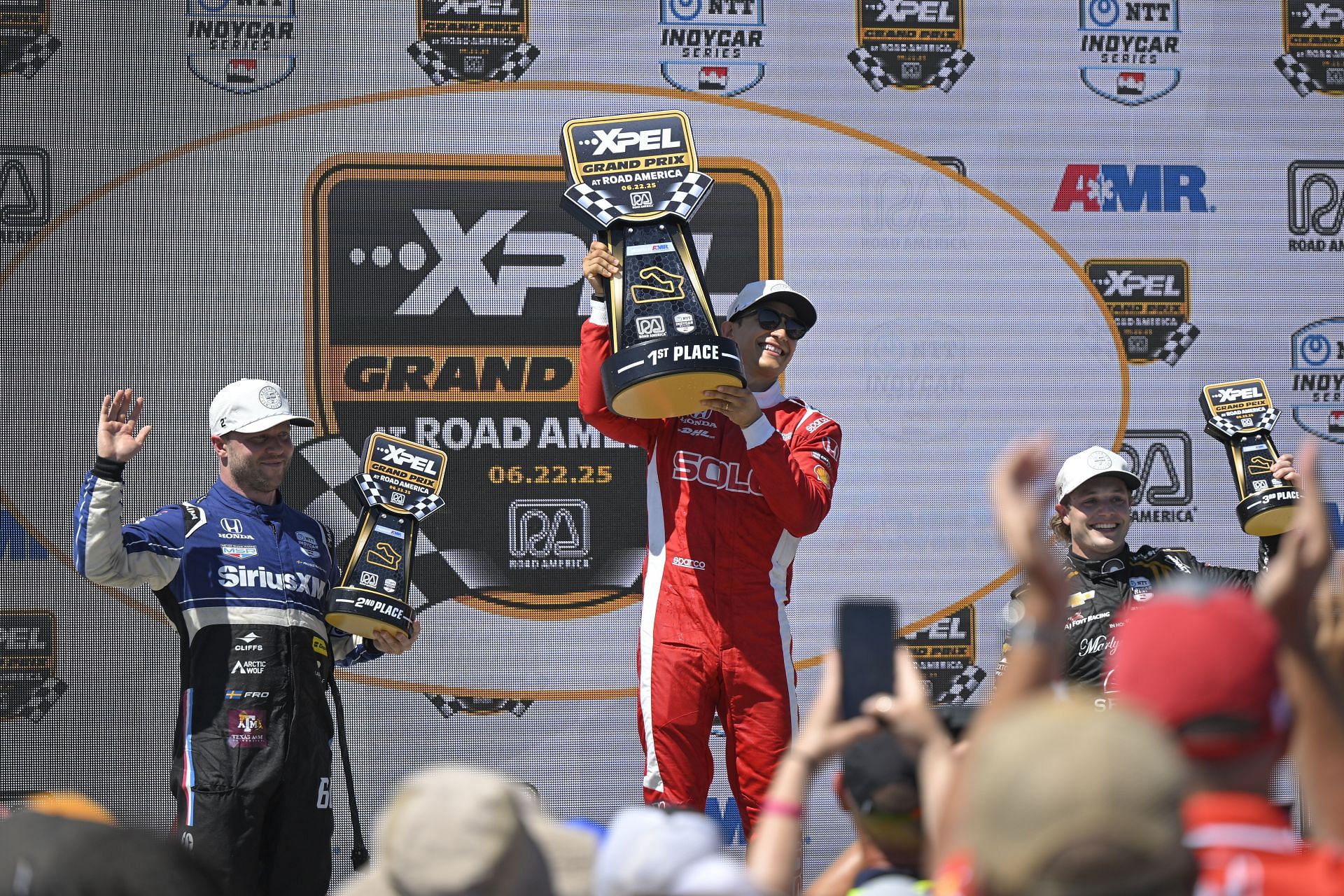 Felix Rosenqvist (L), Alex Palou, and Santino Ferrucci (R) at the NTT IndyCar Series XPEL Grand Prix at Road America - Source: Getty